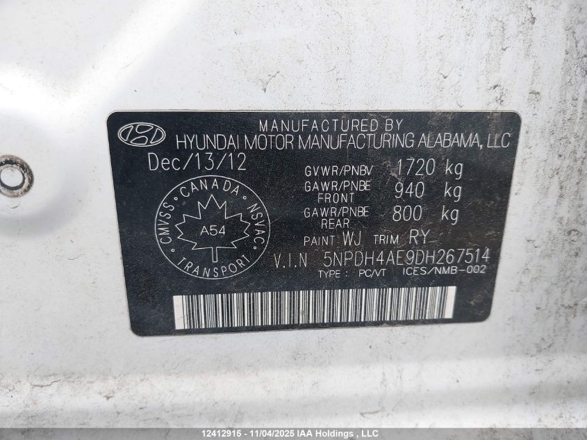 2013 Hyundai Elantra Limited VIN: 5NPDH4AE9DH267514 Lot: 12412915