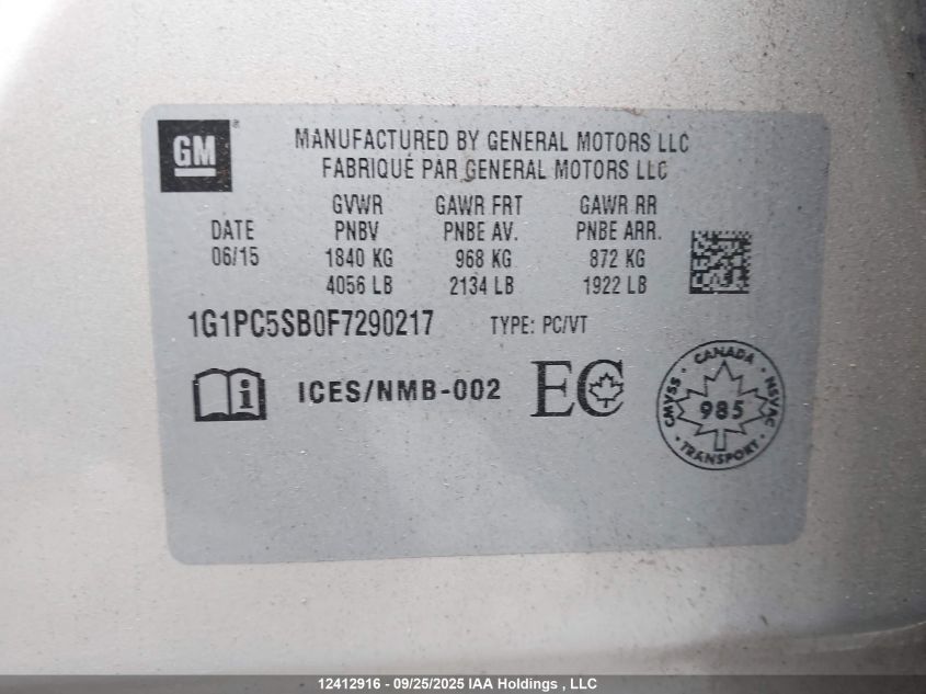 2015 Chevrolet Cruze Lt VIN: 1G1PC5SB0F7290217 Lot: 12412916