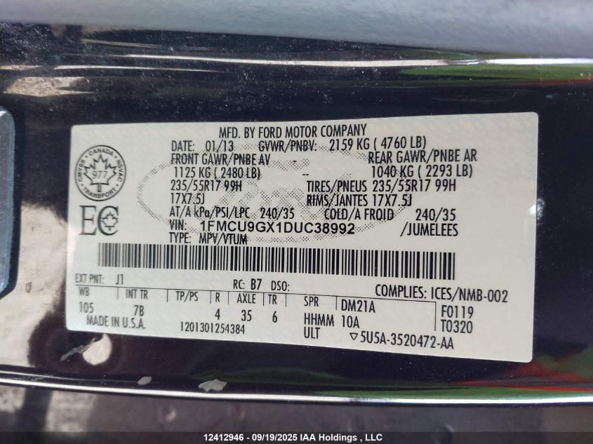 2013 Ford Escape Se VIN: 1FMCU9GX1DUC38992 Lot: 12412946