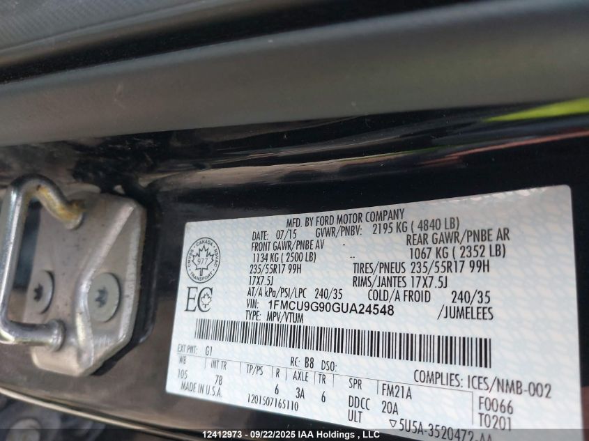 2016 Ford Escape Se VIN: 1FMCU9G90GUA24548 Lot: 12412973