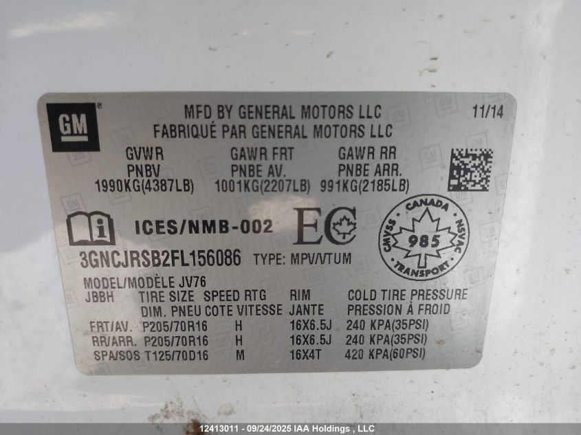 2015 Chevrolet Trax 1Lt VIN: 3GNCJRSB2FL156086 Lot: 12413011