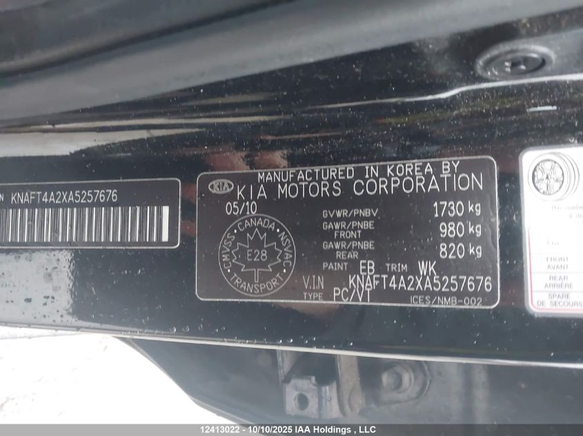 2010 Kia Forte Lx VIN: KNAFT4A2XA5257676 Lot: 12413022