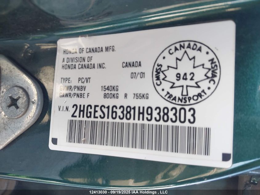 2001 Honda Civic Dx VIN: 2HGES16381H938303 Lot: 12413030