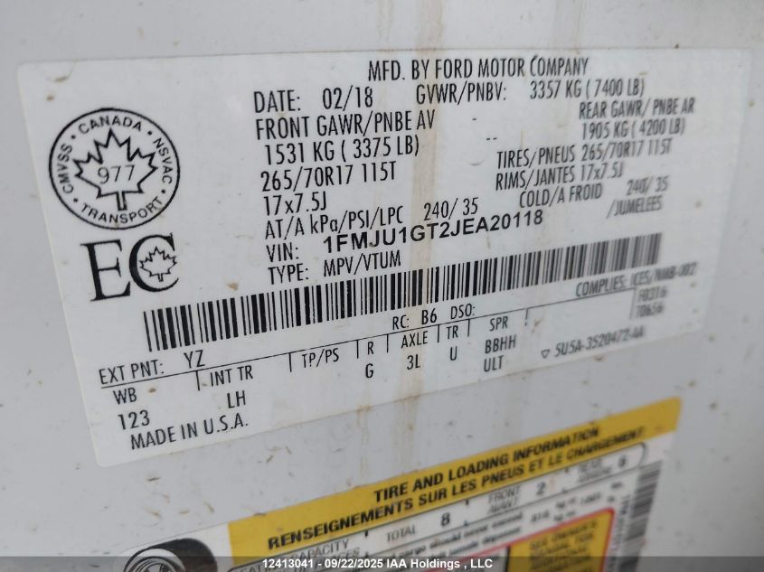 2018 Ford Expedition Xl VIN: 1FMJU1GT2JEA20118 Lot: 12413041