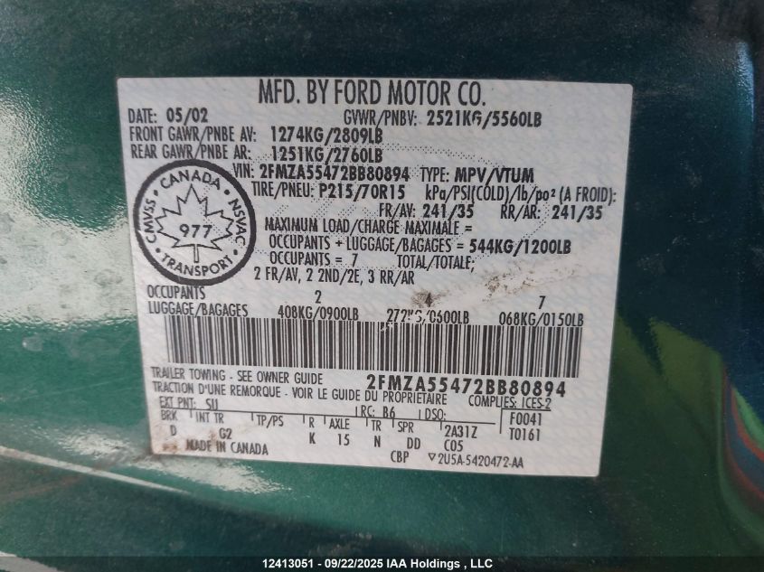 2002 Ford Windstar Lx VIN: 2FMZA55472BB80894 Lot: 12413051