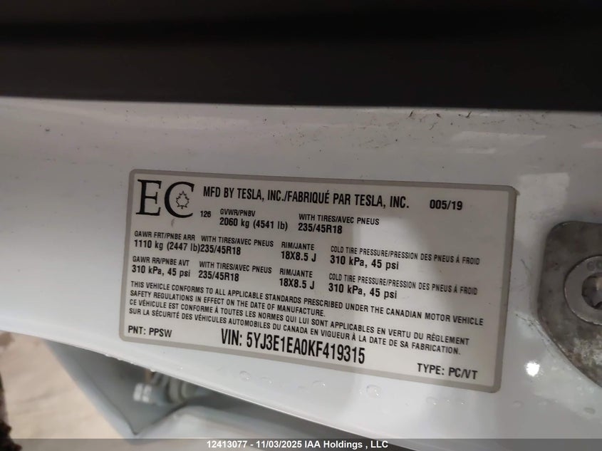 5YJ3E1EA0KF419315 2019 TESLA MODEL 3 photo no. 9