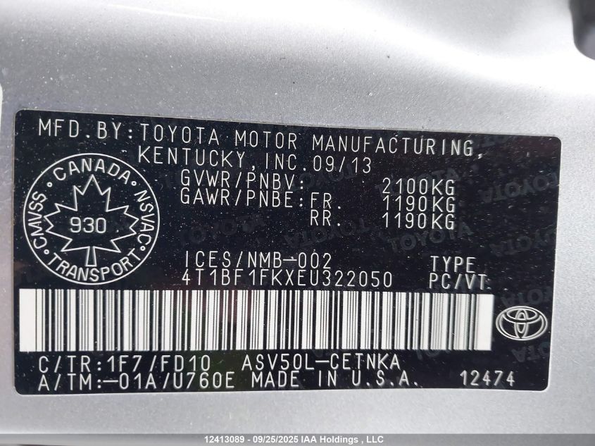 2014 Toyota Camry VIN: 4T1BF1FKXEU322050 Lot: 12413089