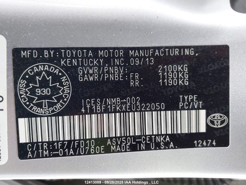 2014 Toyota Camry VIN: 4T1BF1FKXEU322050 Lot: 12413089