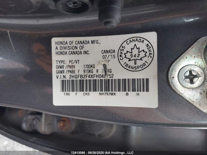 2015 Honda Civic VIN: 2HGFB2F4XFH048752 Lot: 12413095