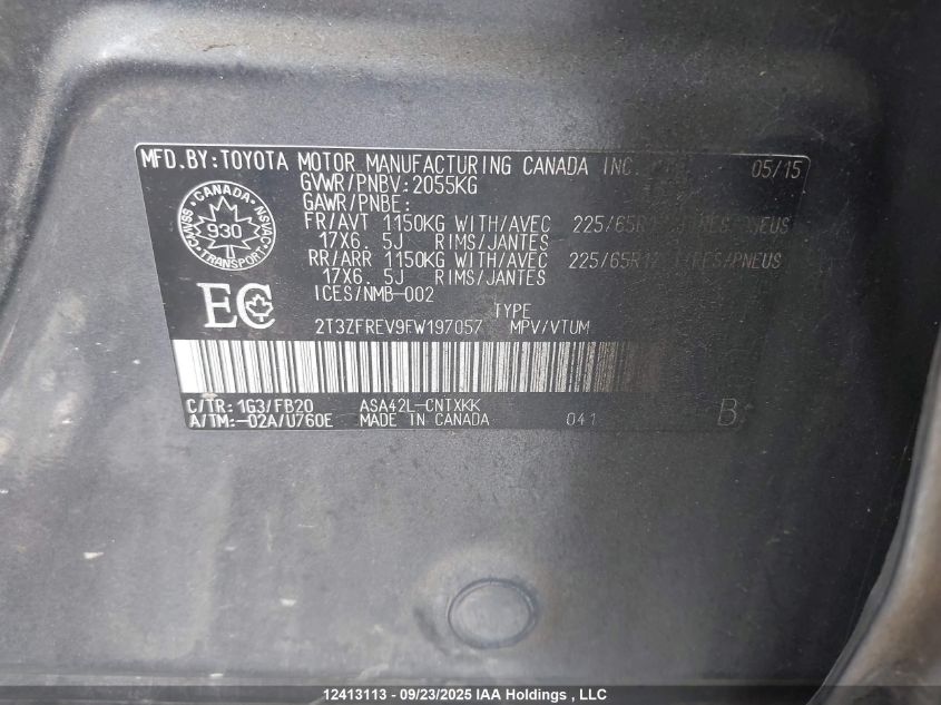 2015 Toyota Rav4 Le VIN: 2T3ZFREV9FW197057 Lot: 12413113