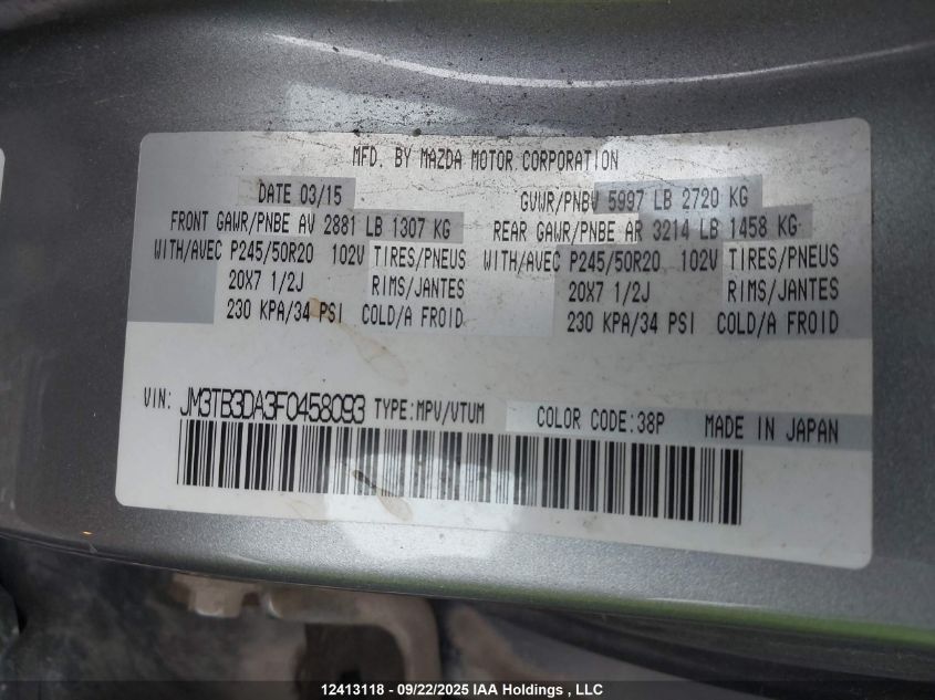 2015 Mazda Cx-9 Grand Touring VIN: JM3TB3DA3F0458093 Lot: 12413118