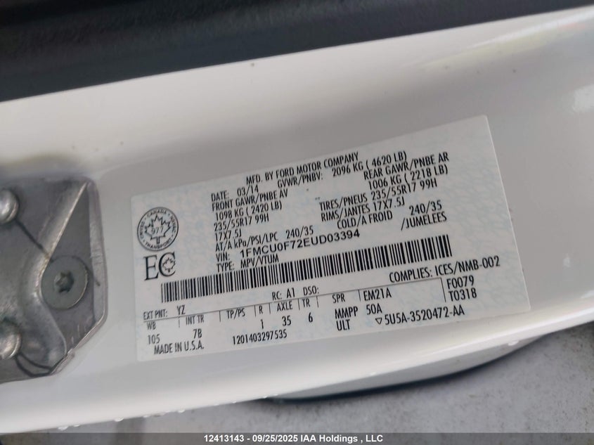 1FMCU0F72EUD03394 2014 FORD ESCAPE photo no. 9