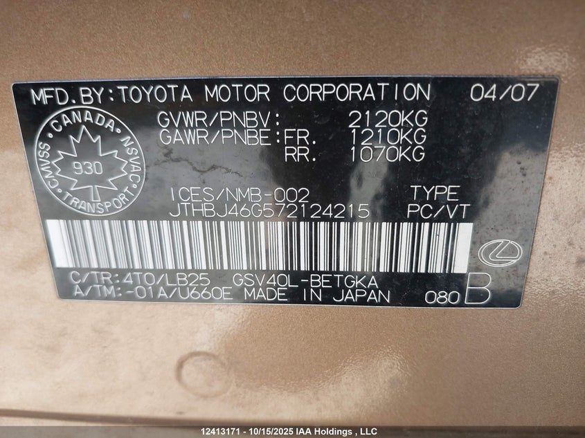 2007 Lexus Es 350 350 VIN: JTHBJ46G572124215 Lot: 12413171