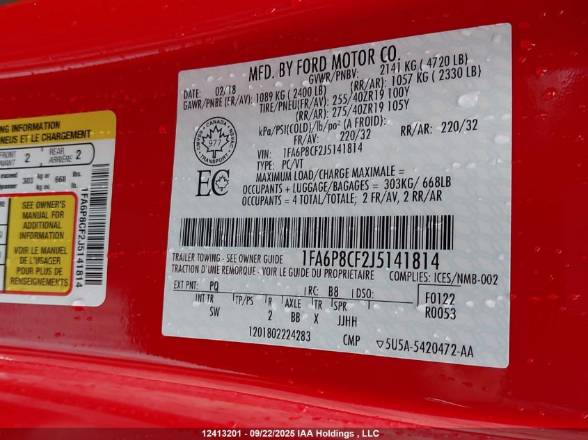 2018 Ford Mustang Gt VIN: 1FA6P8CF2J5141814 Lot: 12413201