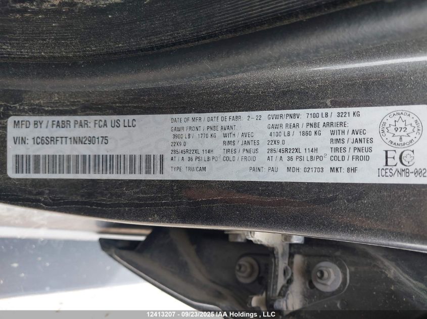 2022 Ram 1500 Sport VIN: 1C6SRFTT1NN290175 Lot: 12413207