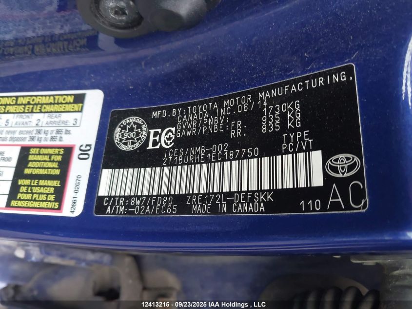 2014 Toyota Corolla L/Le/Le Pls/Prm/S/S Pls VIN: 2T1BURHE1EC187750 Lot: 12413215