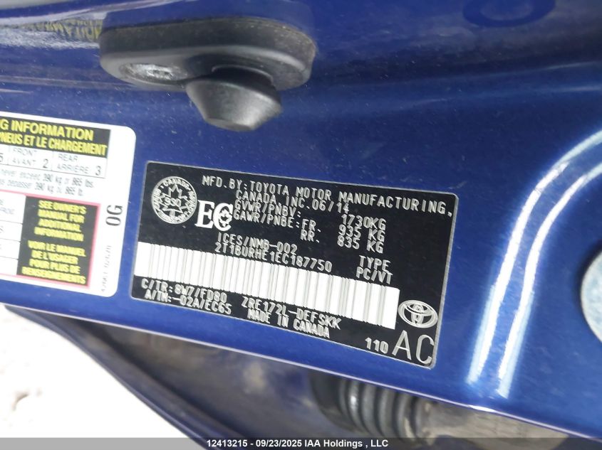 2014 Toyota Corolla L/Le/Le Pls/Prm/S/S Pls VIN: 2T1BURHE1EC187750 Lot: 12413215