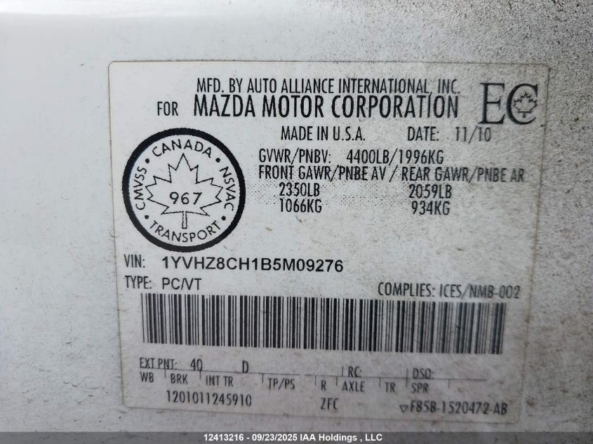 2011 Mazda 6 I VIN: 1YVHZ8CH1B5M09276 Lot: 12413216