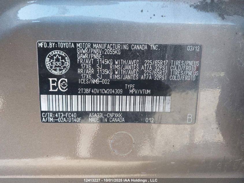 2012 Toyota Rav4 VIN: 2T3BF4DV1CW204309 Lot: 12413227