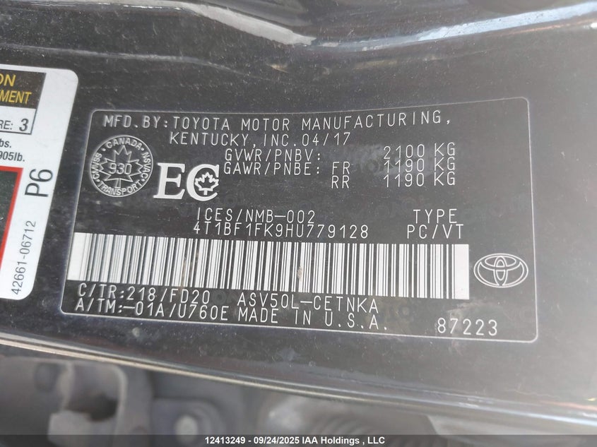 2017 Toyota Camry Le/Xle/Se/Xse VIN: 4T1BF1FK9HU779128 Lot: 12413249