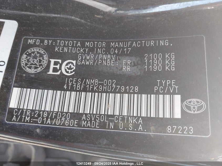 2017 Toyota Camry Le/Xle/Se/Xse VIN: 4T1BF1FK9HU779128 Lot: 12413249