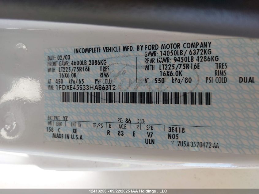 2003 Ford Econoline E450 Super Duty Cutwy Van VIN: 1FDXE45S33HA86312 Lot: 12413255