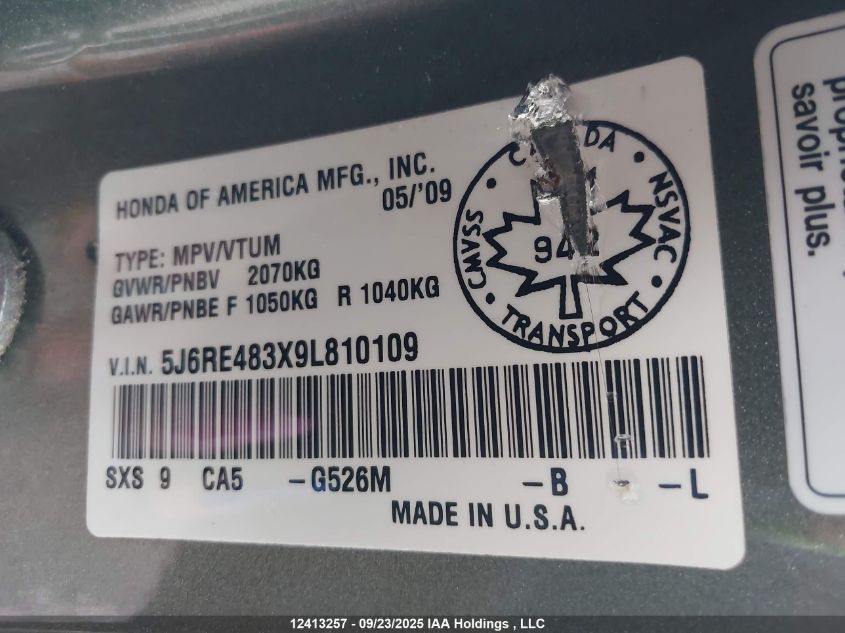 2009 Honda Cr-V Lx VIN: 5J6RE483X9L810109 Lot: 12413257