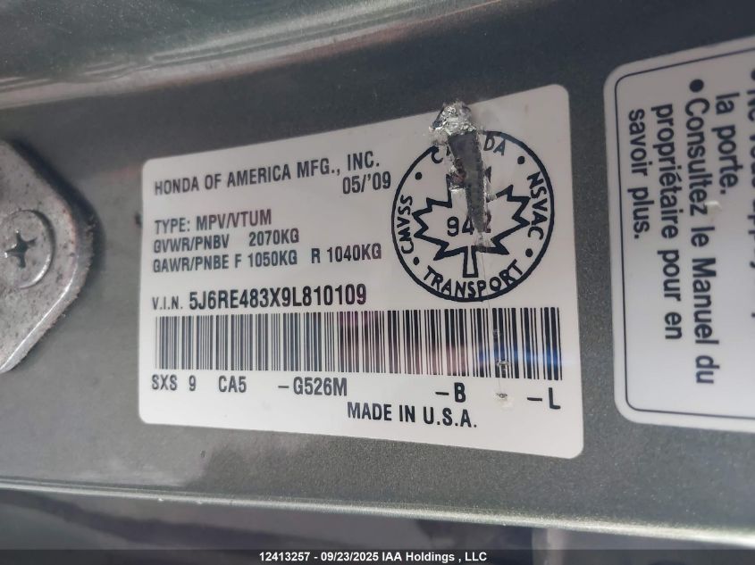 2009 Honda Cr-V Lx VIN: 5J6RE483X9L810109 Lot: 12413257