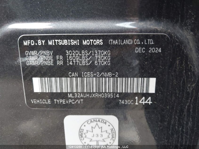 2024 Mitsubishi Mirage Es/Le VIN: ML32AUHJXRH039514 Lot: 12413259