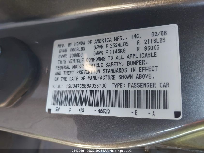 2008 Acura Tl Type S VIN: 19UUA76588A035130 Lot: 12413260