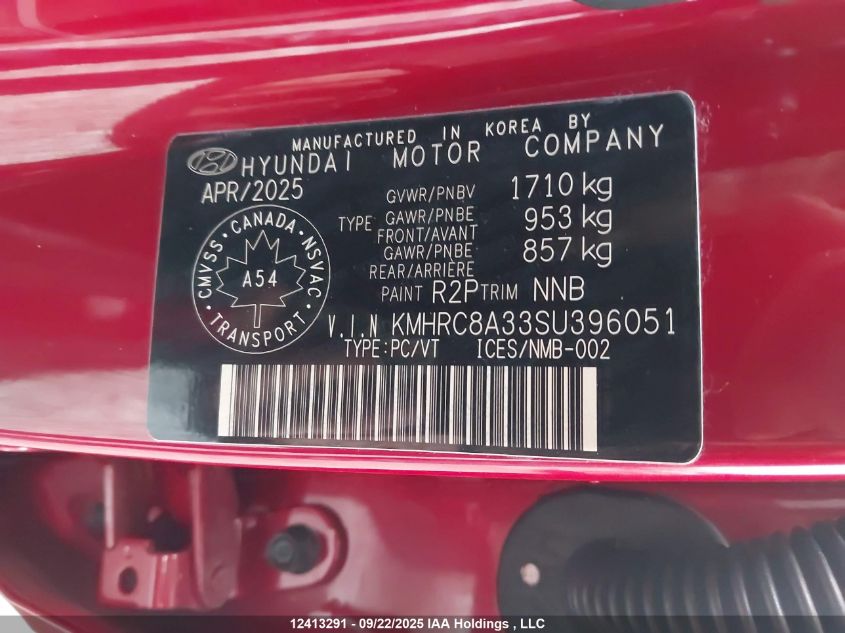 2025 Hyundai Venue Sel/Limited VIN: KMHRC8A33SU396051 Lot: 12413291