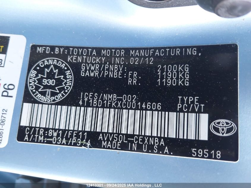 2012 Toyota Camry Hybrid/Le/Xle VIN: 4T1BD1FKXCU014606 Lot: 12413301