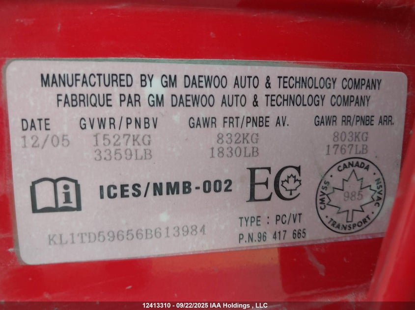 2006 Chevrolet Aveo Ls VIN: KL1TD59656B613984 Lot: 12413310