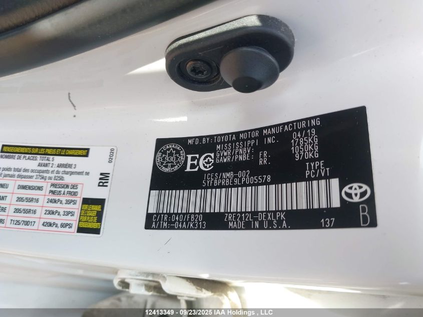 2020 Toyota Corolla Le VIN: 5YFBPRBE9LP005578 Lot: 12413349