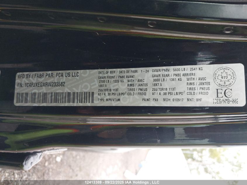 2024 Jeep Wrangler Sahara VIN: 1C4PJXEGXRW233582 Lot: 12413389