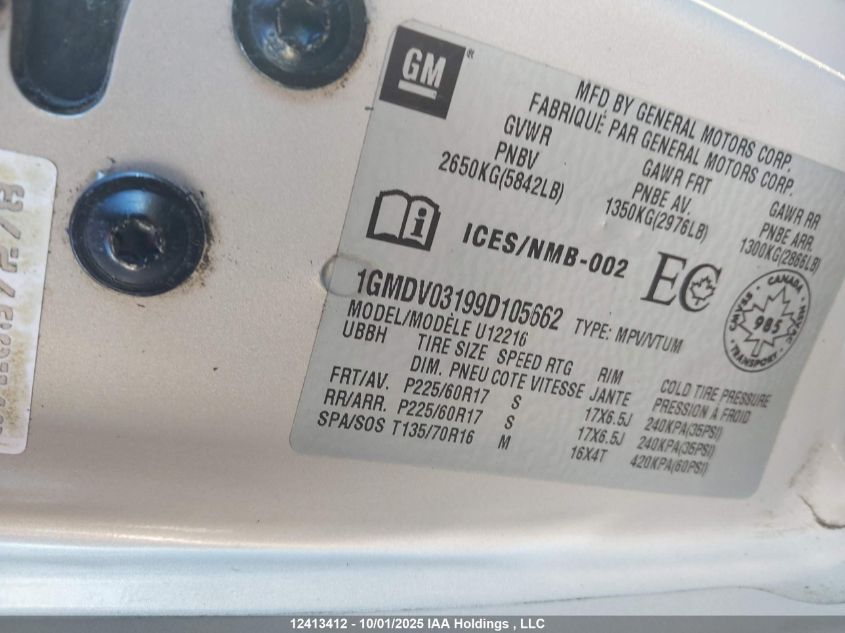 2009 Pontiac Montana Sv6 Fwd VIN: 1GMDV03199D105662 Lot: 12413412