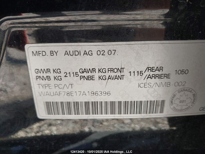 2007 Audi A4 2/Turbo VIN: WAUAF78E17A196396 Lot: 12413420