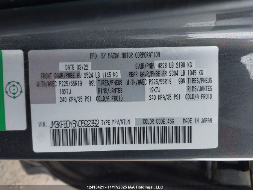 2022 Mazda Cx-5 Sport Design W/Turbo VIN: JM3KFBDY6N0592392 Lot: 12413421