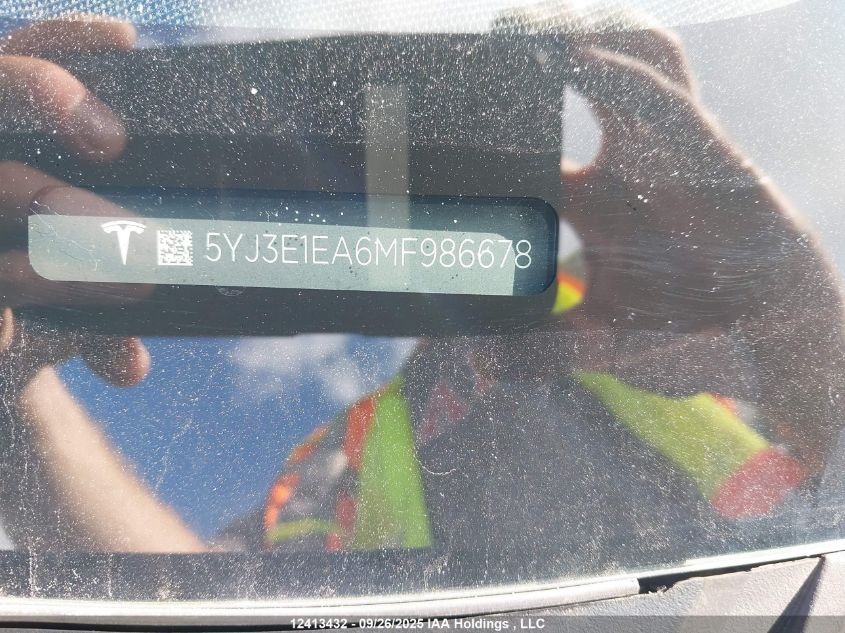 2021 Tesla Model 3 VIN: 5YJ3E1EA6MF986678 Lot: 12413432