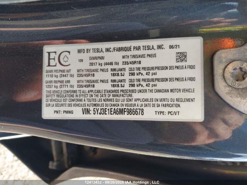 2021 Tesla Model 3 VIN: 5YJ3E1EA6MF986678 Lot: 12413432