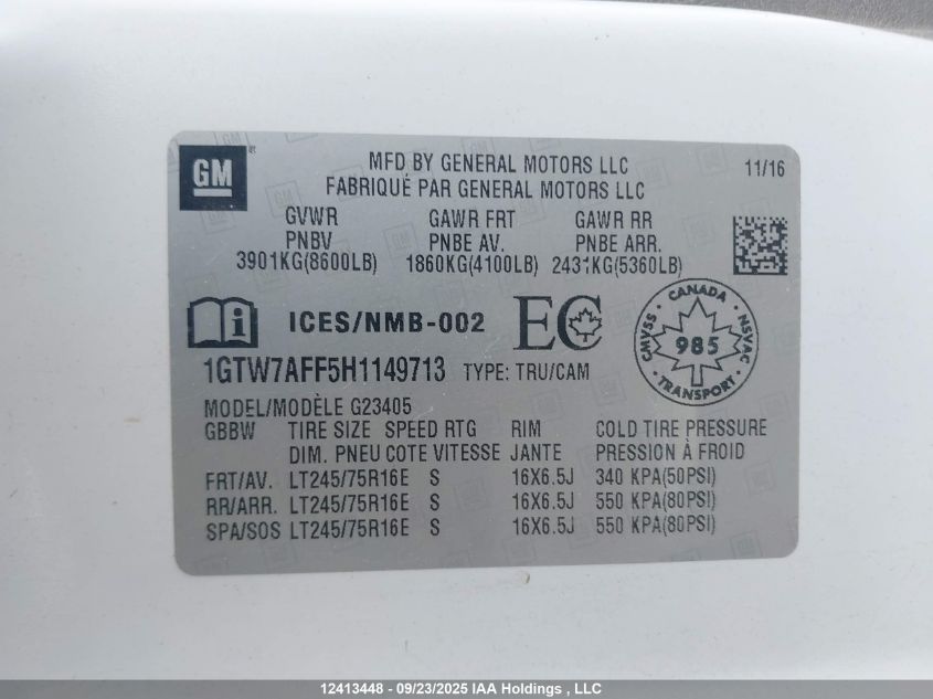 2017 GMC Savana 2500 Work Van VIN: 1GTW7AFF5H1149713 Lot: 12413448