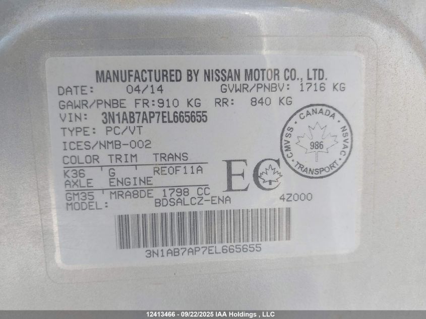 2014 Nissan Sentra S/Sv/Sr/Sl VIN: 3N1AB7AP7EL665655 Lot: 12413466