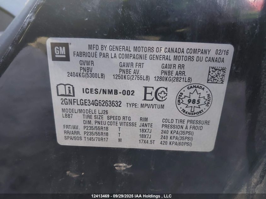 2016 Chevrolet Equinox Ltz VIN: 2GNFLGE34G6263632 Lot: 12413469