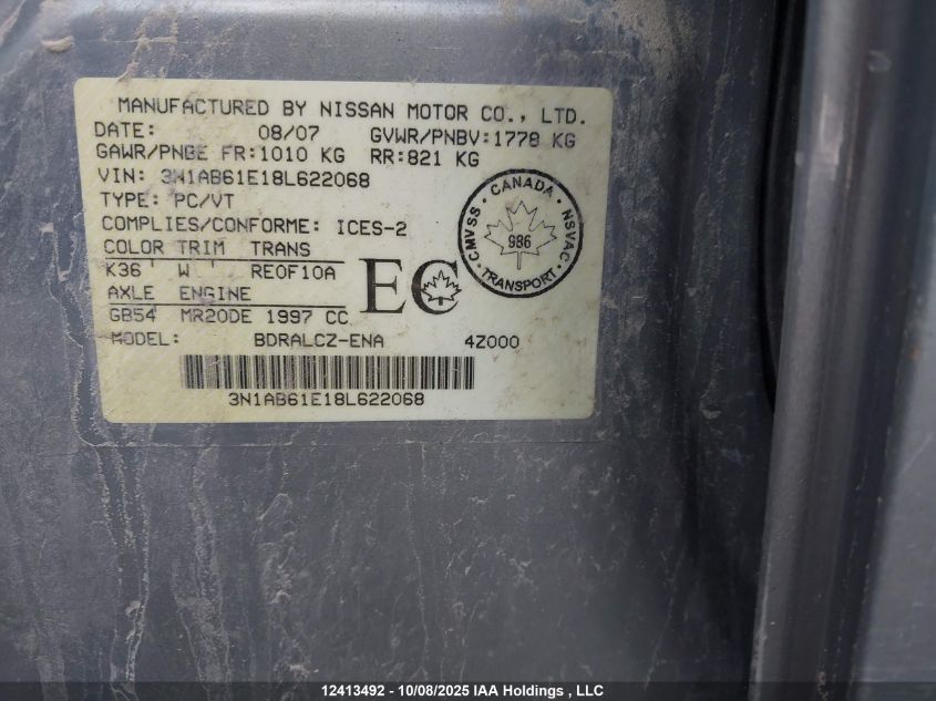 2008 Nissan Sentra 2.0 VIN: 3N1AB61E18L622068 Lot: 12413492