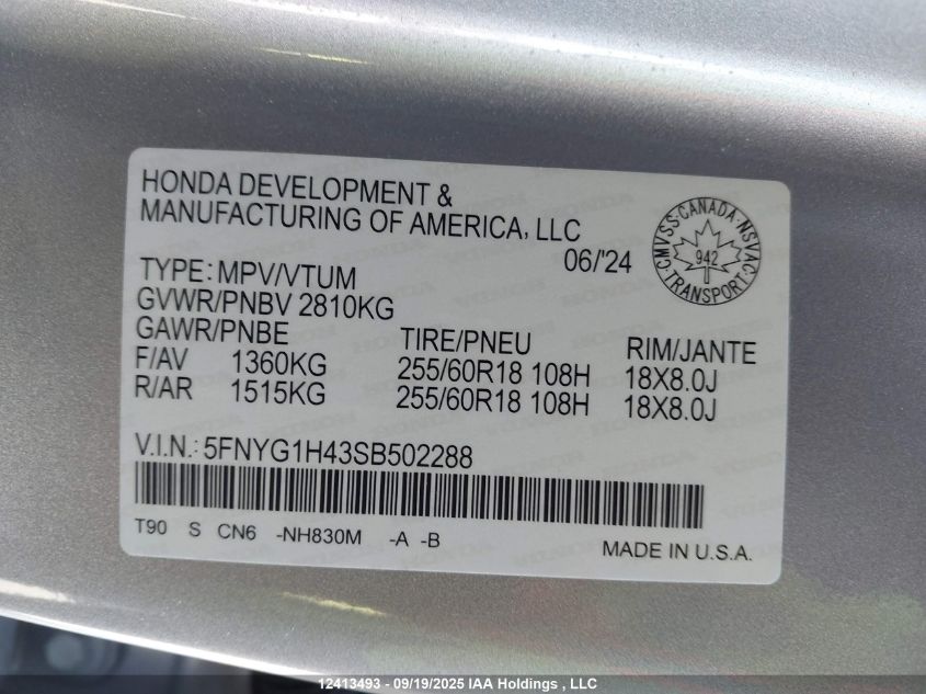 2025 Honda Pilot Exl VIN: 5FNYG1H43SB502288 Lot: 12413493