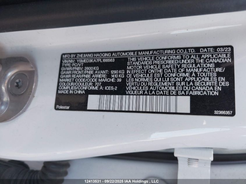 2023 Polestar 2 VIN: YSMED3KA7PL166563 Lot: 12413531