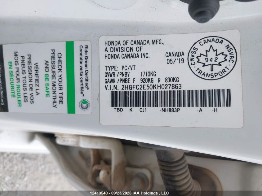 2019 Honda Civic Lx VIN: 2HGFC2E50KH027863 Lot: 12413540