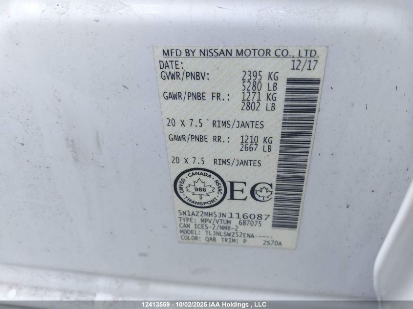 2018 Nissan Murano S/Sl/Sv/Platinum VIN: 5N1AZ2MH5JN116087 Lot: 12413559