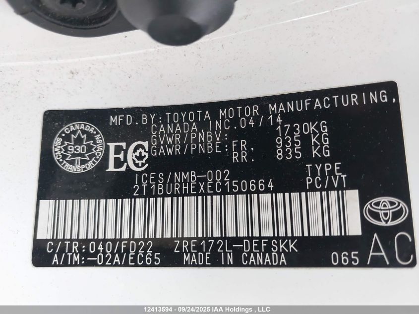 2014 Toyota Corolla L/Le/Le Pls/Prm/S/S Pls VIN: 2T1BURHEXEC150664 Lot: 12413594