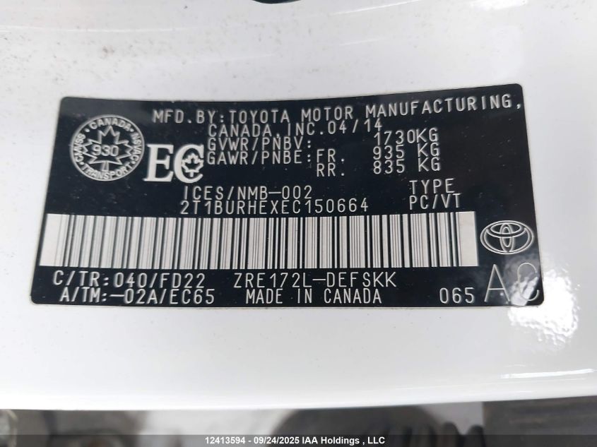 2014 Toyota Corolla L/Le/Le Pls/Prm/S/S Pls VIN: 2T1BURHEXEC150664 Lot: 12413594